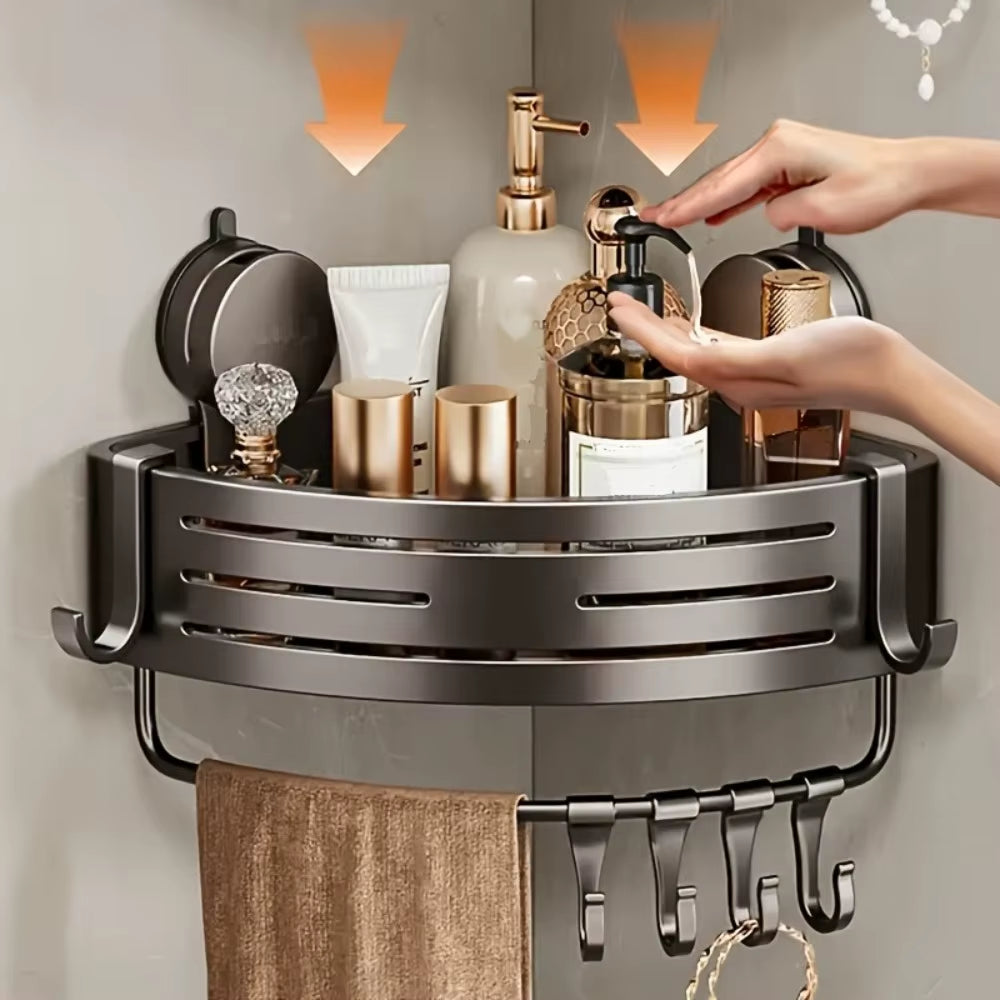 Triangular Suction Cup Bathroom Storage Shelf - No Drilling Required, Multifunctional Organizer with Hooks