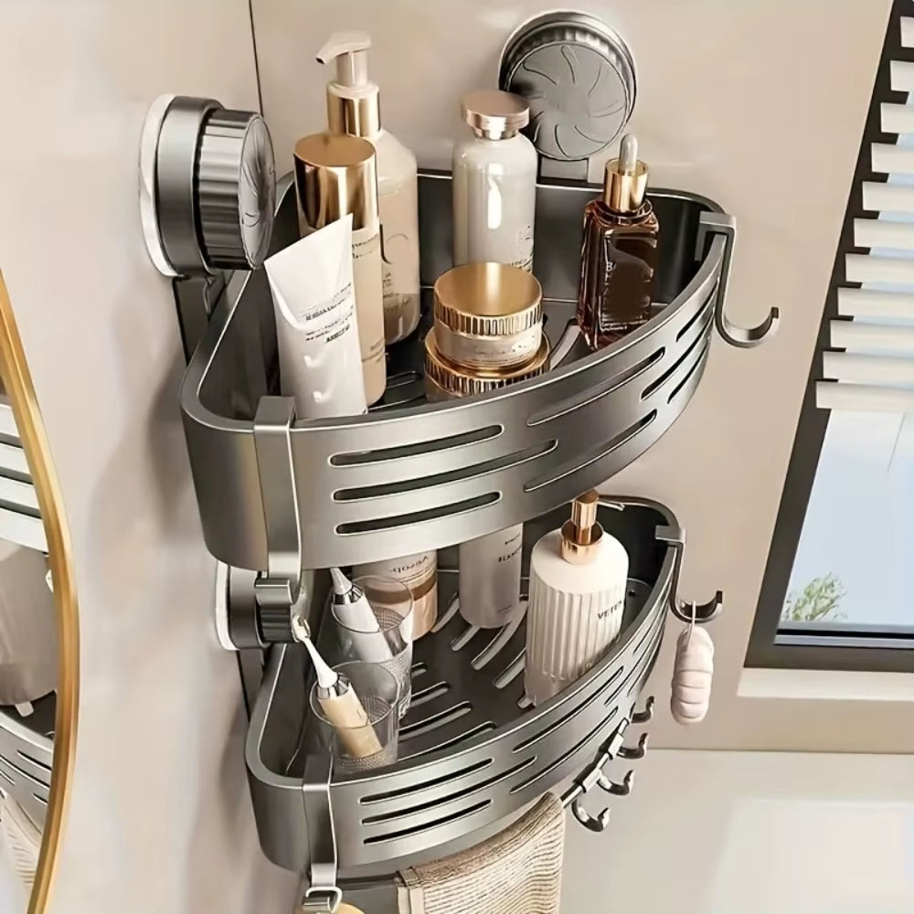 Triangular Suction Cup Bathroom Storage Shelf - No Drilling Required, Multifunctional Organizer with Hooks