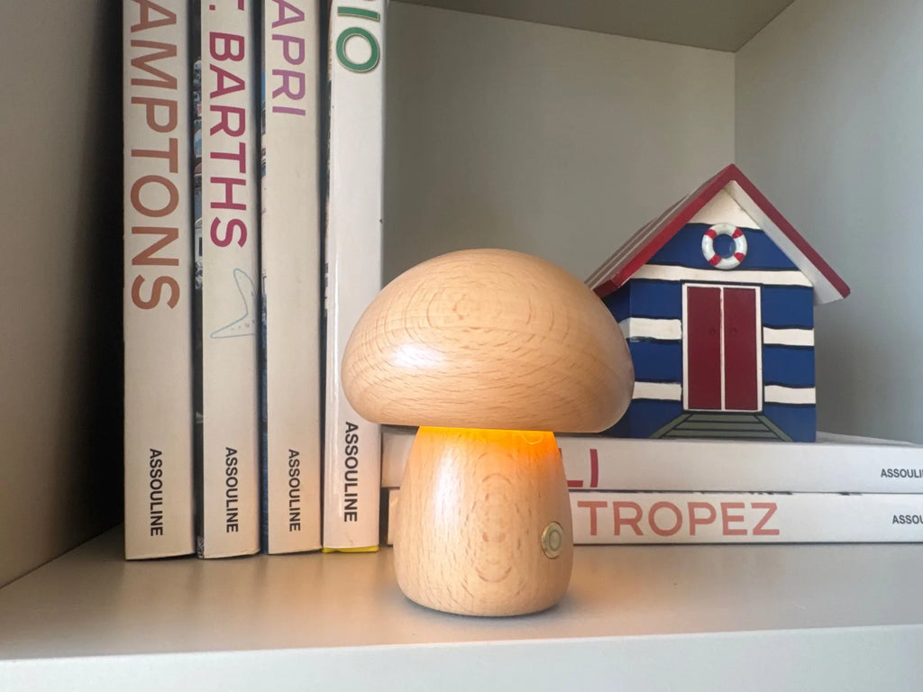 REVIEW_IMAGE:Wooden Mushrooms Night Light Touch Switch Bedroom Bedside Table Lamp Walnut Beech Wood Warm Dimmable Desk Light USB Chargeable - by K***r