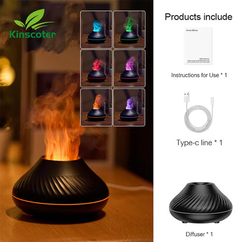 Kinscoter Portable USB Volcanic Aroma Diffuser and Essential Oil Lamp with 130ml Capacity and Color Flame Night Light