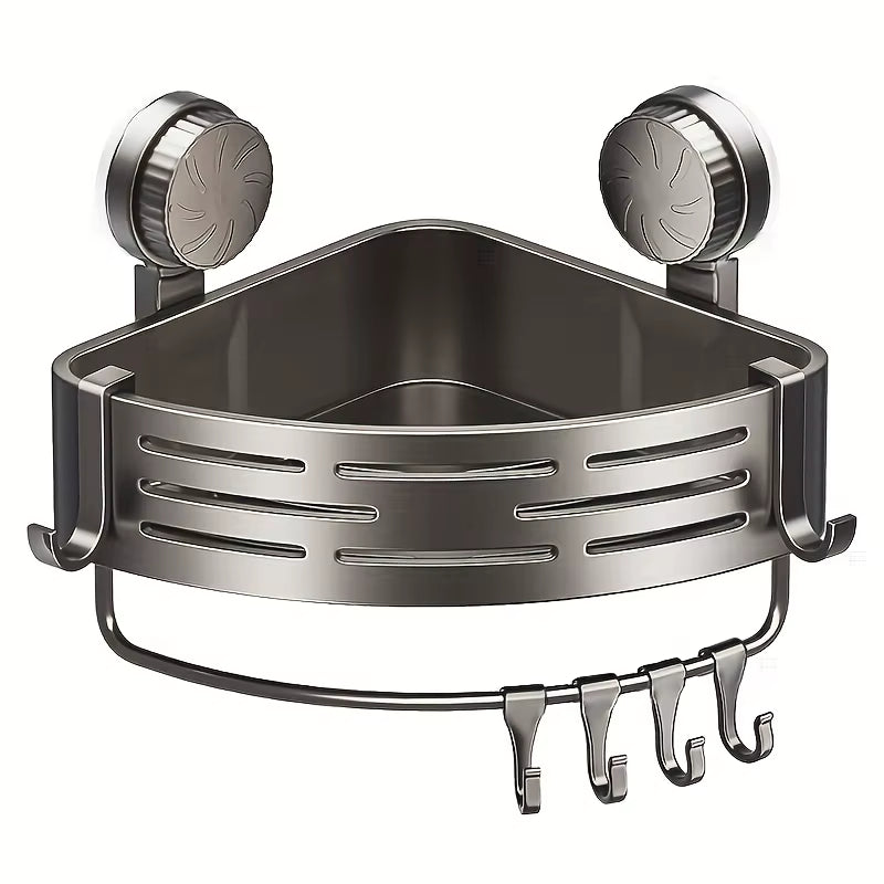 Triangular Suction Cup Bathroom Storage Shelf - No Drilling Required, Multifunctional Organizer with Hooks