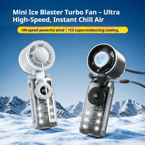 Qawtor 2026 Refrigeration Handheld Turbo Fan, 3600Mah Battery Operated, up to 12 Working Hours, 199-Level Stepless Control with Digital Display, 5-In-1 Handheld/Neck/Desktop Cooling Fan for Travel, Dorm & Office, Fathers Day Gift Portable