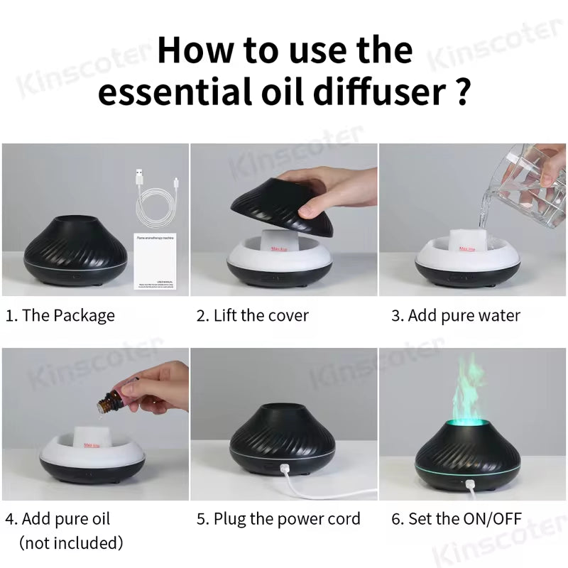 Kinscoter Portable USB Volcanic Aroma Diffuser and Essential Oil Lamp with 130ml Capacity and Color Flame Night Light