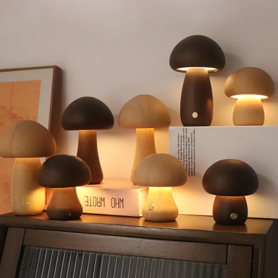 Wooden Mushroom Touch-Sensitive Night Light - Dimmable Bedside Lamp in Walnut and Beech Wood with USB Charging