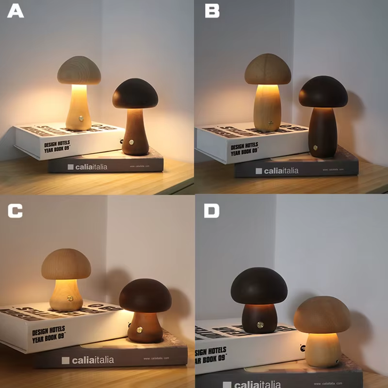 Wooden Mushroom Touch-Sensitive Night Light - Dimmable Bedside Lamp in Walnut and Beech Wood with USB Charging