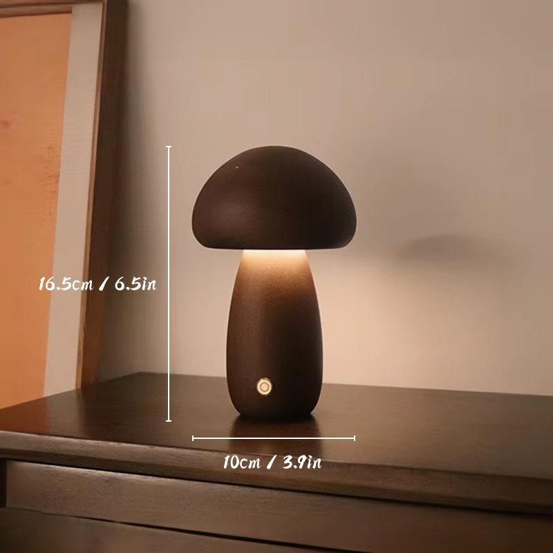 Wooden Mushroom Touch-Sensitive Night Light - Dimmable Bedside Lamp in Walnut and Beech Wood with USB Charging